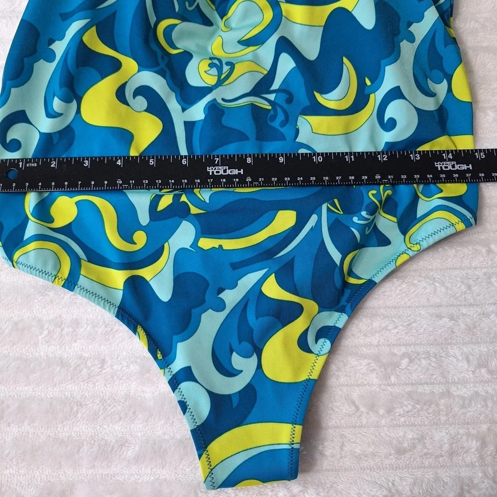 PSYCHEDELIC One Piece Swimsuit Womens 8‎ Teal Yellow Retro Abstract Padded Bra